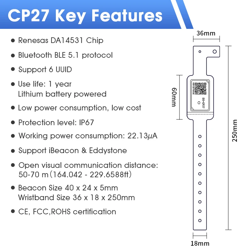 DX-CP30 BLE 5.1 IP67 Waterproof Disposable Wearing on wrist Ibeacon Indoor Assert Tracking Eddystone Bluetooth location Beacon