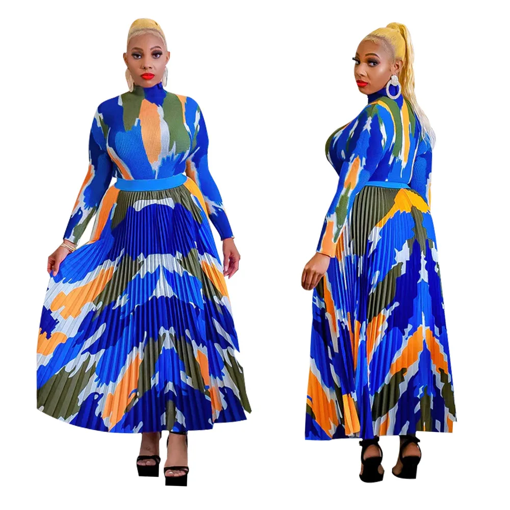 African Clothes for Women Spring Autumn African Women Long Sleeve O-neck Printing Polyester Two Pieces Sets Top and Skirt