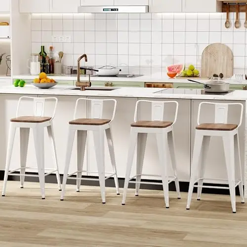 Metal Bar Stools Set of 4 Counter Height Bar Stools Barstools with Removable Back 24" Kitchen Bar Stools with Wooden