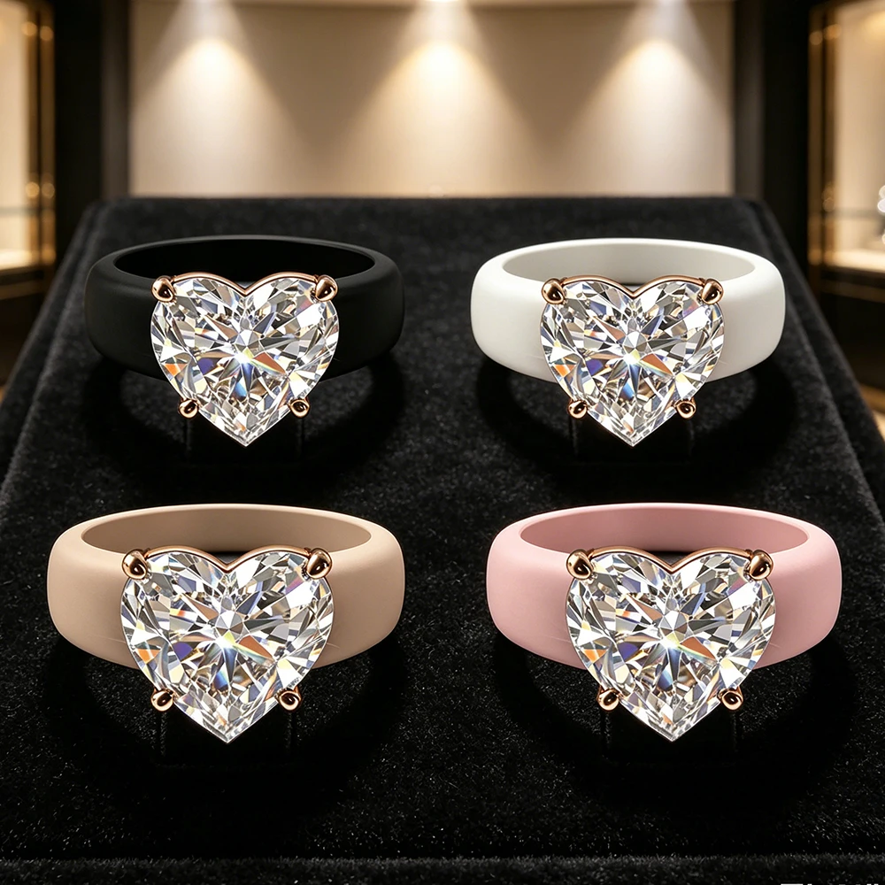 1 Stück herzförmiger Diamant-Silikonring für Damen, 4-farbiger herzförmiger Einzeldiamantring mit Roségoldbeschichtung, Silikon-Ehering – Detail 6