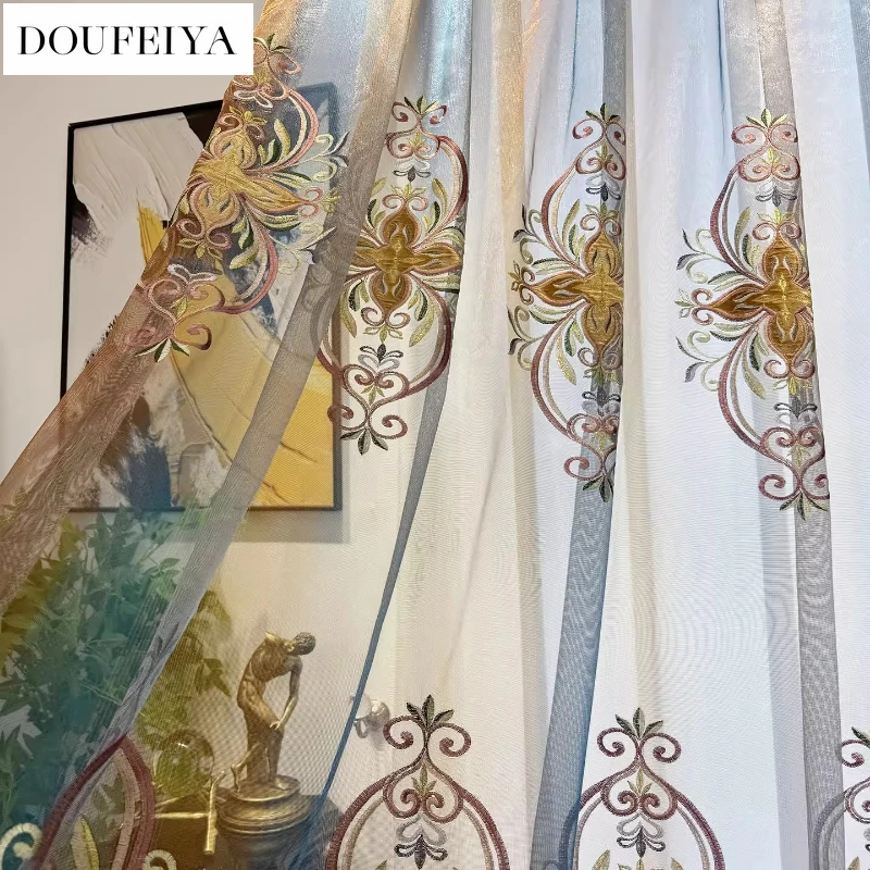 

Custom Size European Elegant Blue Gradient Embroidery Embroidery Yarn Study Curtains for Living Dining Room Bedroom White Tulle