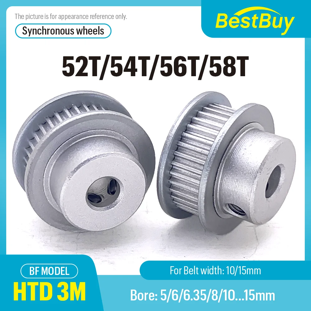 

HTD 3M 52T/54T/56T/58Teeth Timing Pulley Bore 5-15mm Suitable for Belt Width 10/15mm Pitch 3mm Synchronous Wheel BF Type