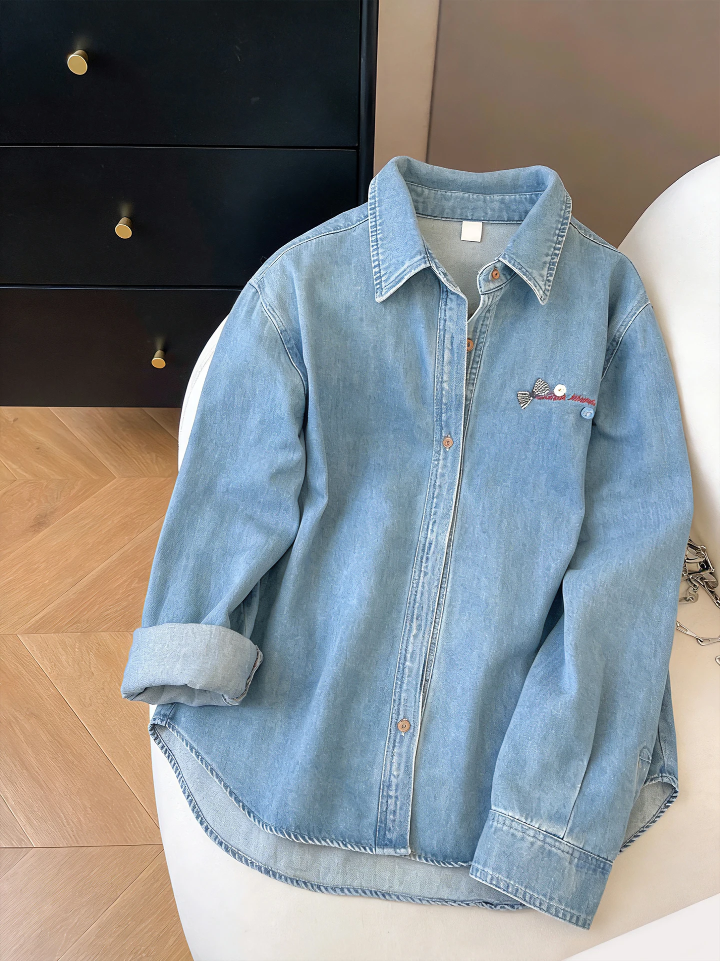 Rétro Waed brodé coupe ample décontracté Denim irt pour les femmes printemps automne Faion minceur col rabattu haut à la mode