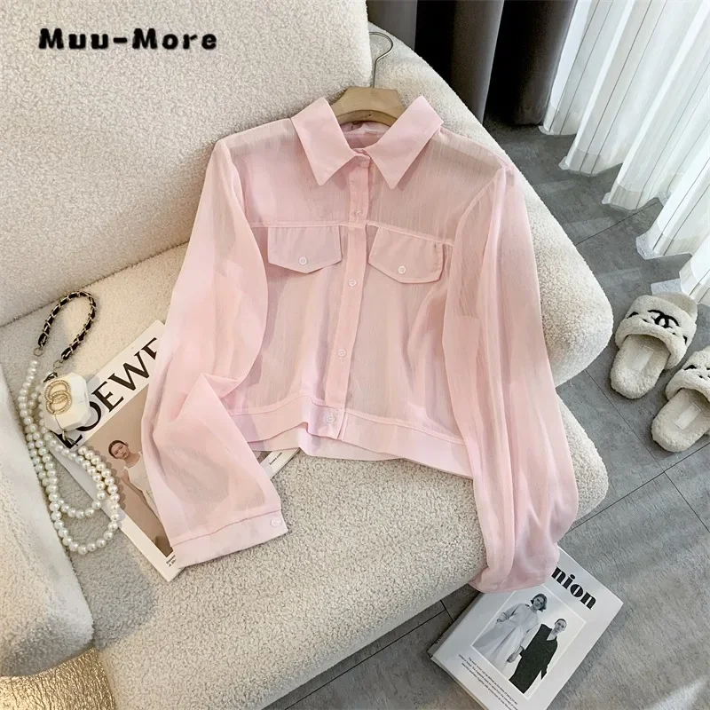 2024 Summer Casual Korean Style Purple Turn-down Collar Blouses Women's Vintage Single Breasted Chic Long Sleeve Soft Shirts