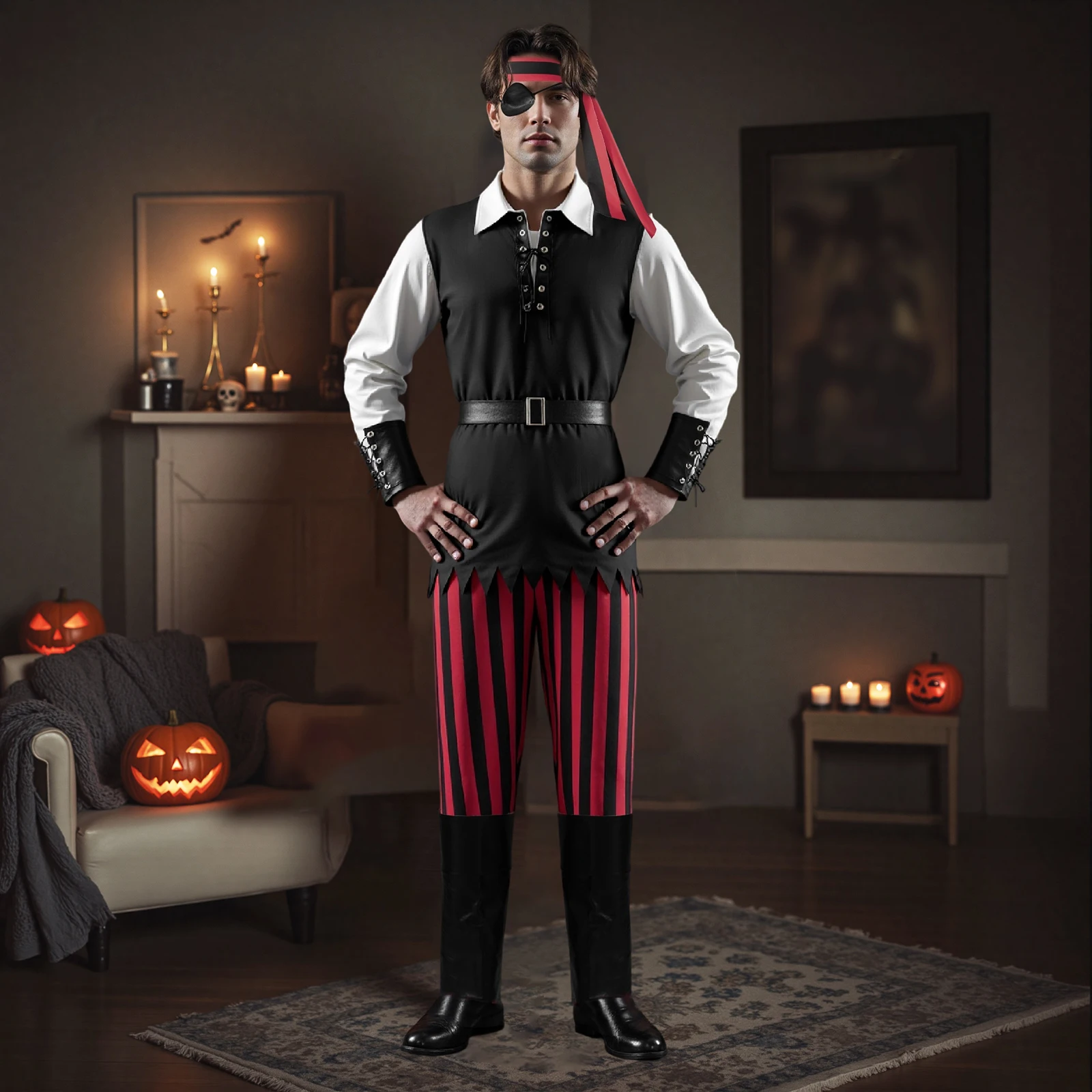 

Мужские костюмы пирата на Хэллоуин, пиратская бандана, повязка на глаз, топы, брюки и пояс, комплект из 5 предметов для косплея, вечеринки