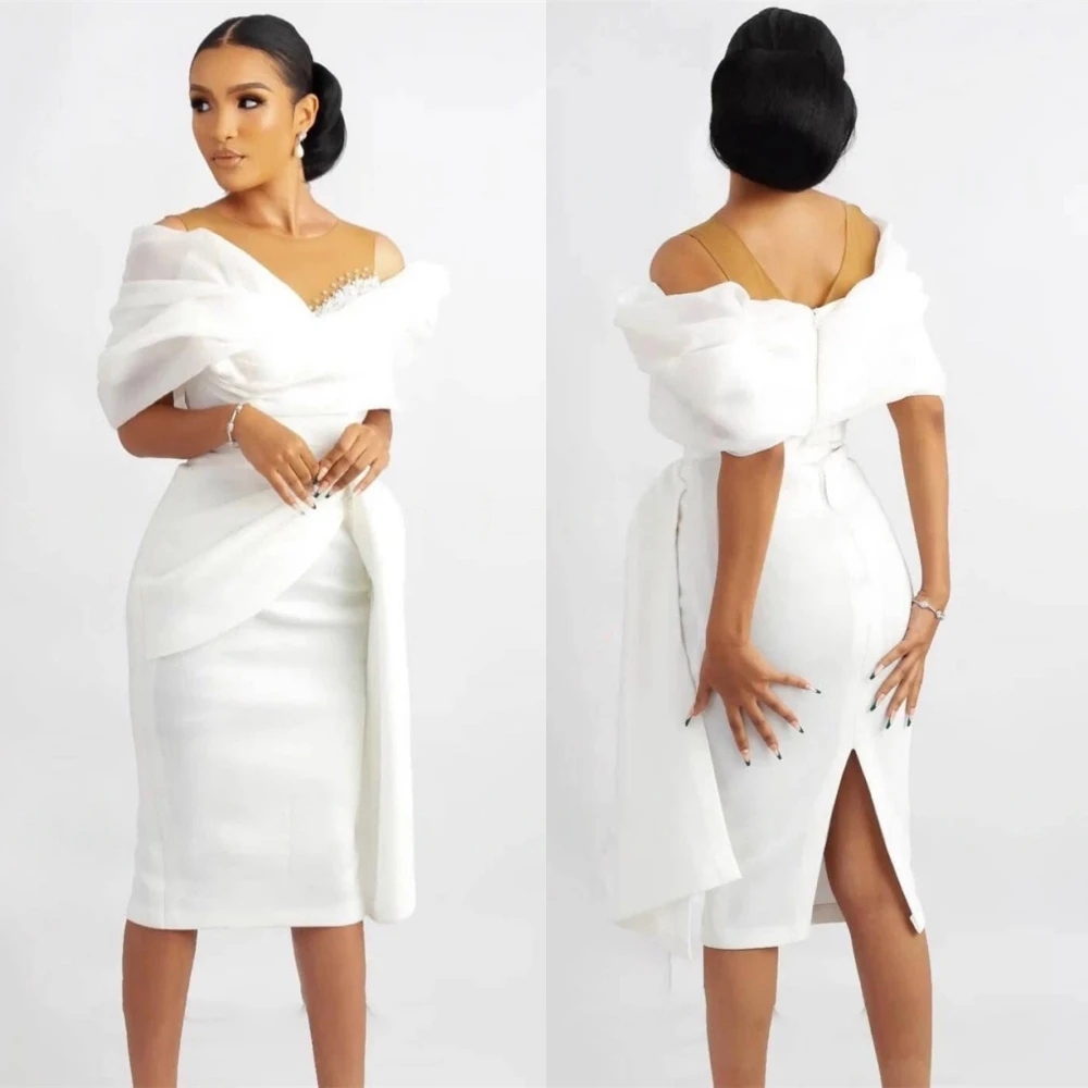 

Customized Luxury Jersey Evening Dress Delicate Off the Shoulder V-Neck Prom Dresses Elegant Knee Length Special Occasion Gowns