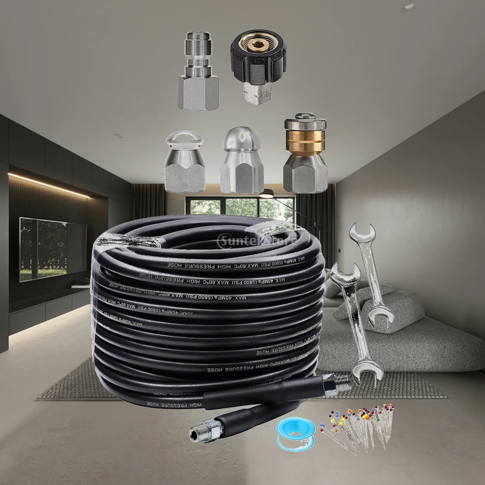 Heavy-Duty Drain Cleaning Kit for High-Pressure Washers with Versatile Nozzle Set