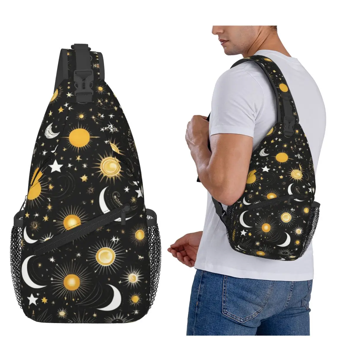 السماء المرصعة بالنجوم الفضاء غالاكسي الشمس القمر حقيبة الصدر الرجال حبال Crossbody على ظهره حقيبة الصدر السفر المشي لمسافات طويلة Daypack حقيبة الكتف