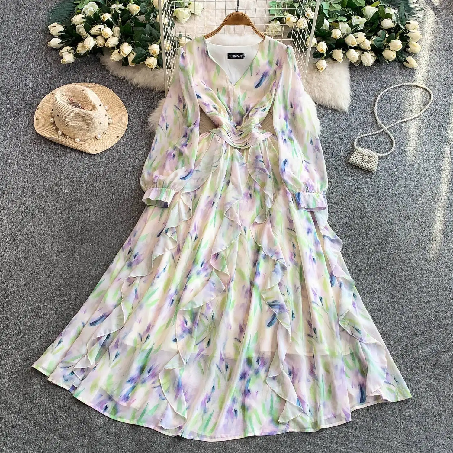 

Сексуальное элегантное шифоновое платье трапециевидной формы с длинными рукавами и принтом, женские вечерние корейские модные платья