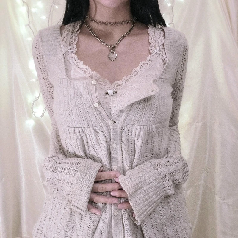 00S Esthetische Kawaii Knitwear T-Shirt Vrouwen Kleding Coquette Grunge Y 2K 00S Vintage Trui Single Breasted Lange Mouw Vest