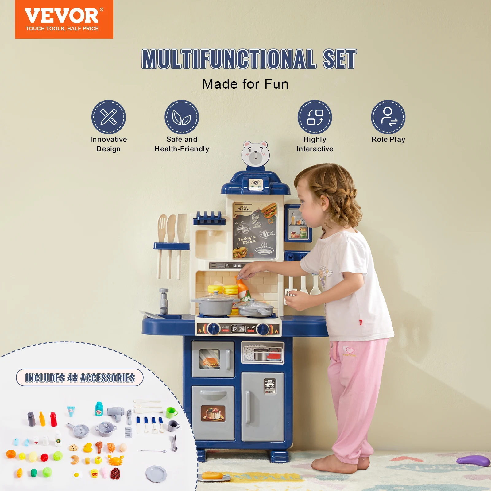 VEVOR Kids Kitchen Toys Toddlers Play House Kitchenware Set 48 PCS Pretend Play Simulation Kitchen Children's Cooking Toys