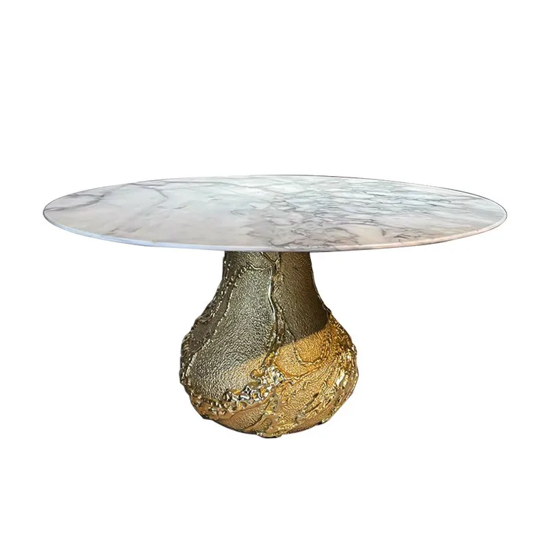 *Italian-style Luxurious Dining Table with a Natural Marble Top Circular Design and a High-end Artistic Bronze Base Decoration