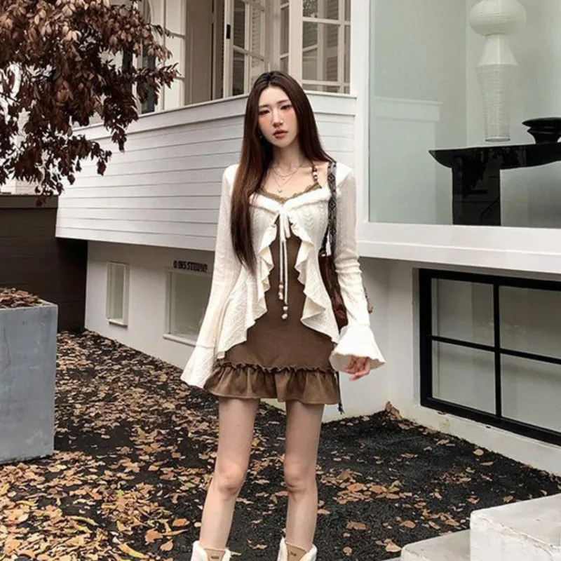 Vintage Y2k 2 Piece Set Woman Spicy Girl Sexy Sleeveless Mini Dress And Long Sleeve Knitted Ruffle Cardigan Fashion Lady Suits