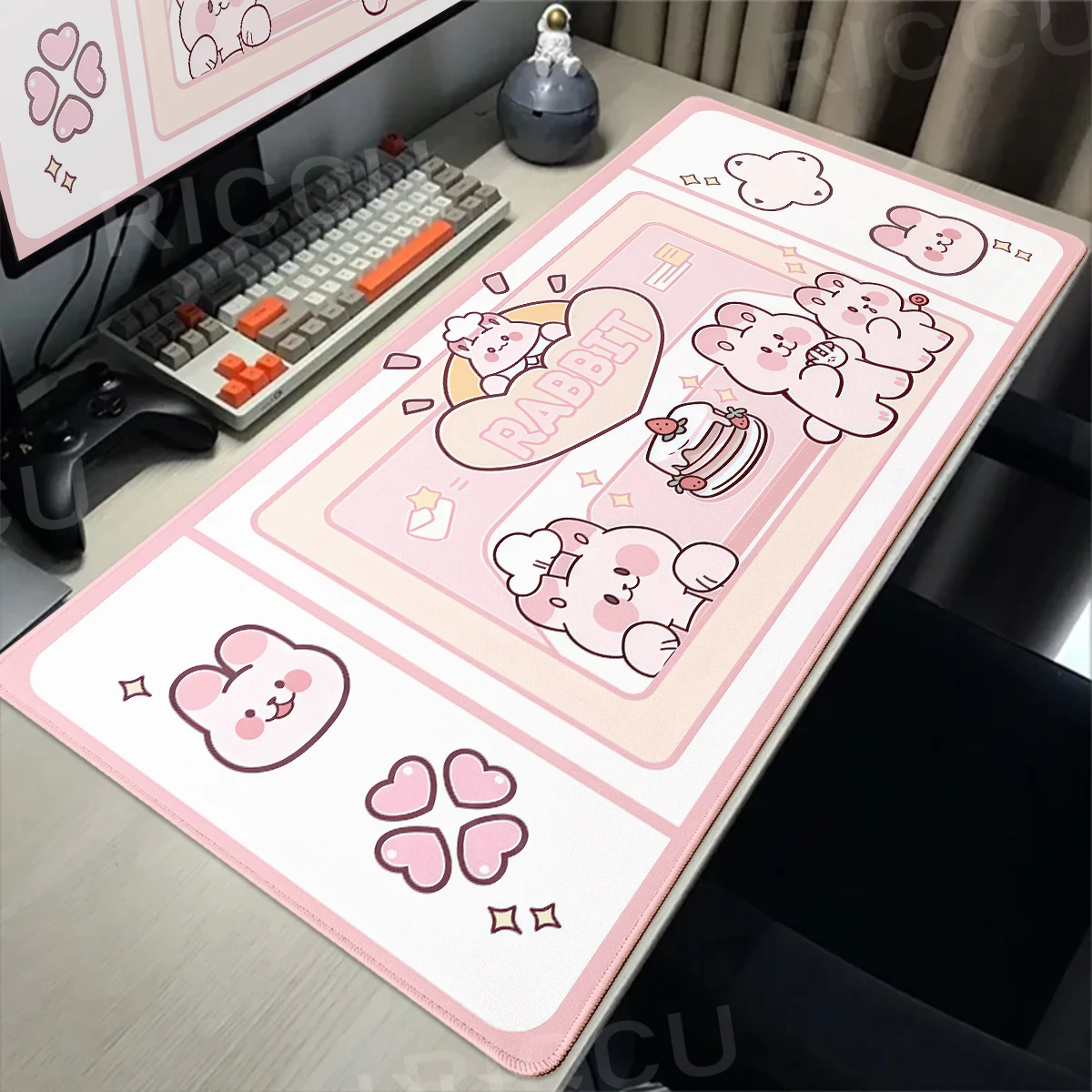 Großes Tier-Mauspad, niedliches Kawaii-Anime-Rosa-Kaninchen-Schreibtischpad, erweiterte Gaming-Schreibtischunterlage, XL-Katze, Mauspad, Gamer-Tastatur-Zubehör