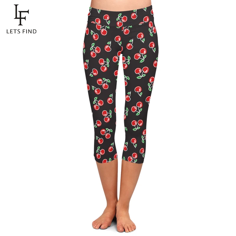 

LETSFIND Summer New 3D Fruit Print Cherry Pattern Women Sexy Capri Leggings High Waist Fitness Stretch Mid-Calf 3/4 Pants