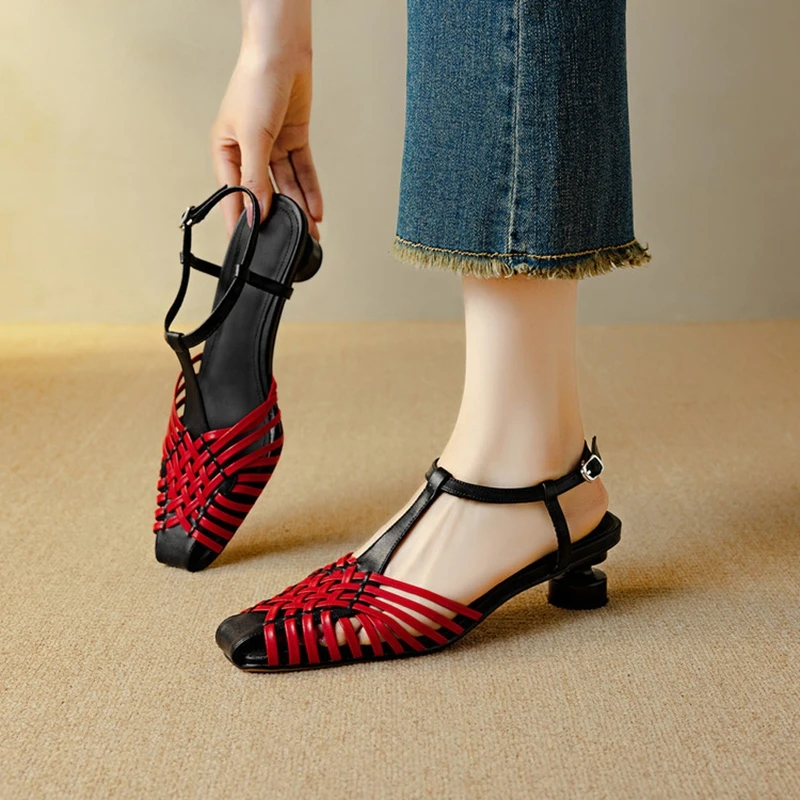 NEW Summer Women Sandals Split Leather Shoes for Women Square Toe Strange Heel Shoes Weave Daily Shoes Mixed Colors Sandals