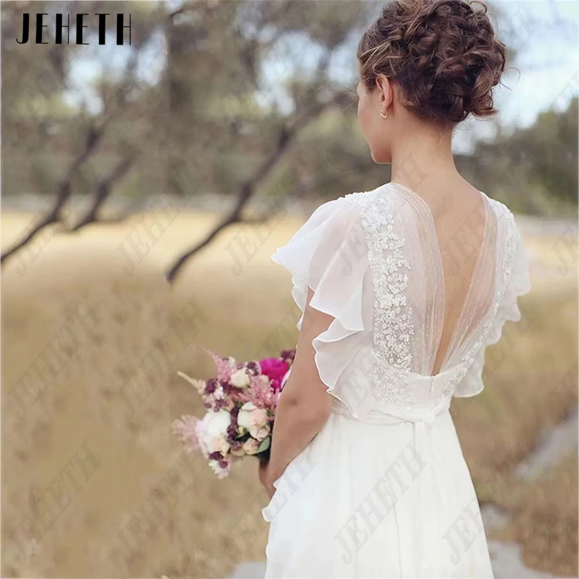 JEHETH V-Neck Wedding Dresses Chiffon A Line Short Sleeves Backless Floor Length Ruffles Beach Bridal Gowns Bohemian Customized