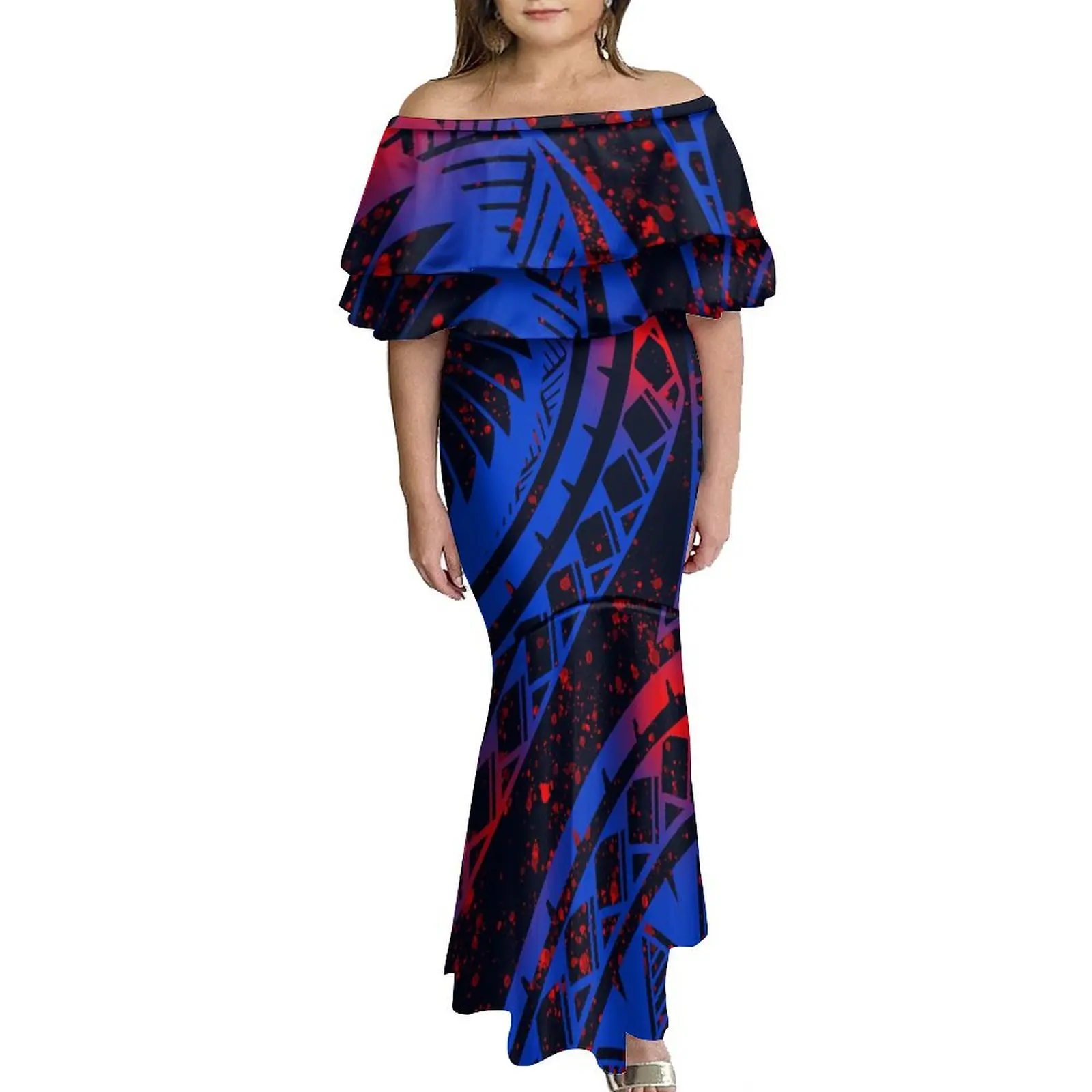 Double Ruffle Fishtail Dress Women'S Party Dress Stylish And Comfortable Men'S Shirts Polynesian Samoa Pia Couples Costume