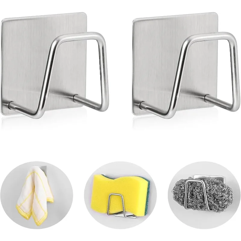 2-Pack Stainless Steel Sponge Holder for Kitchen Sink - Rustproof Brushed SUS304 Sponge Caddy Organizer, Wall/Surface Mount, Drainage Design, Clutter-Free Storage