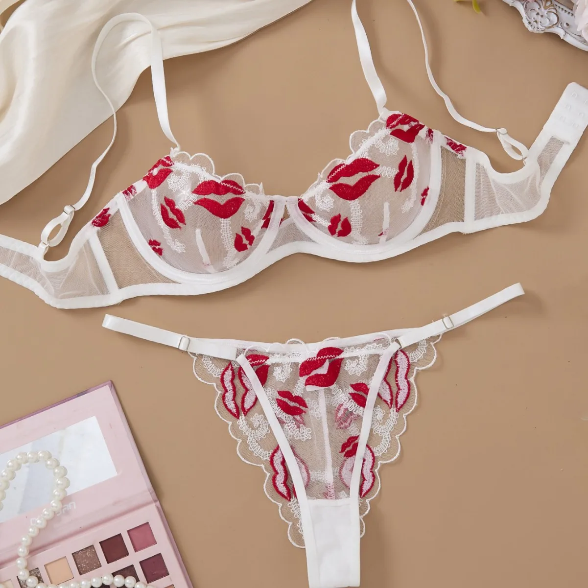 

2-piece Sexy Lace Lingerie Semi Transparent Bra and Underwear Set, Women's Party Chest Lingerie Flower Embroidery Bra Set