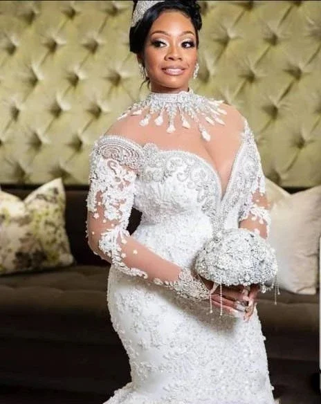 Customized Mermaid Wedding Dresses African Arabic High Neck Long Sleeve Lace Crystal Court Train Luxury Bridal Gown Mariage 2025