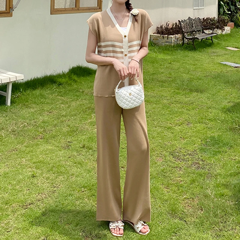 Contrasting Striped V-neck Batwing Sleeve Top Waistcoat Knit 2-piece Sets Wide Leg Long Pant Suit Casual Summer Women Clothing