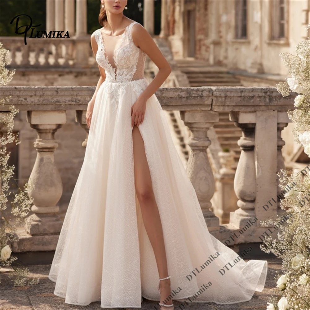 

DTLumika Tailored Fitting Mesh Wedding Dress for Bride to Be 2026, Sleeveless Lace A Line Bride Dresses Classy Urban Bridal Gown