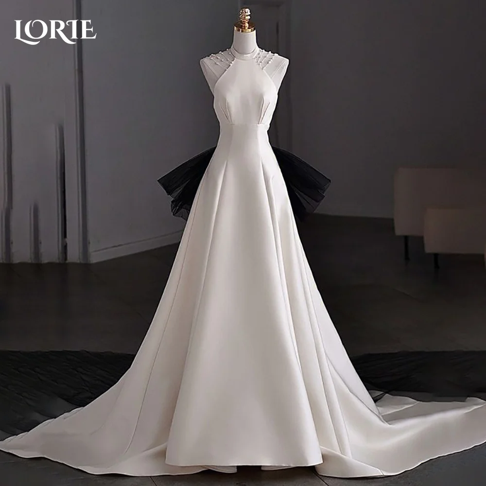 

LORIE Vintage Pearls Wedding Dresses Halter Shiny Satin A-Line Ivory Bridal Gown High Collar Princess Bride Dress Customized
