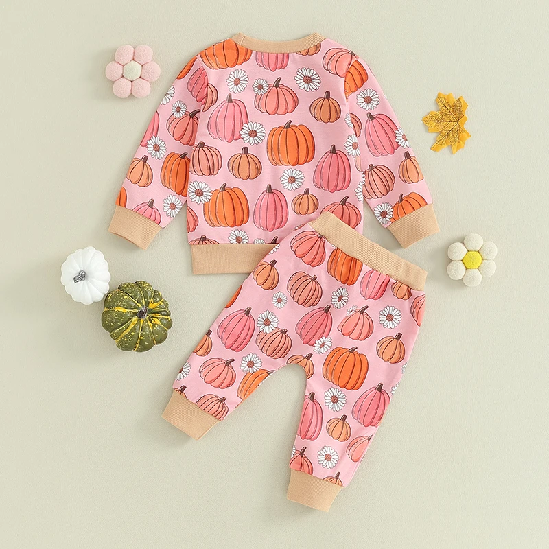 

Toddler Girl Autumn Outfit Floral Pumpkin Patterned Crew Neck Sweater and Pants Set for Halloween 2 Pieces Cute Clothing