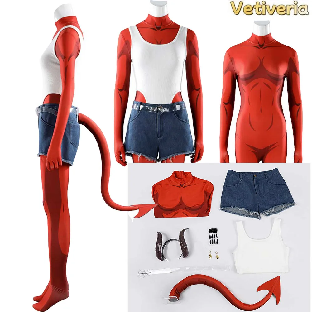 Fantasia de Cosplay Mulher Malevola: Macacão, Shorts Jeans, Colete, Acessório de Cabeça e Cauda – Perfeita para Halloween, Carnaval e Festas a Fantasia