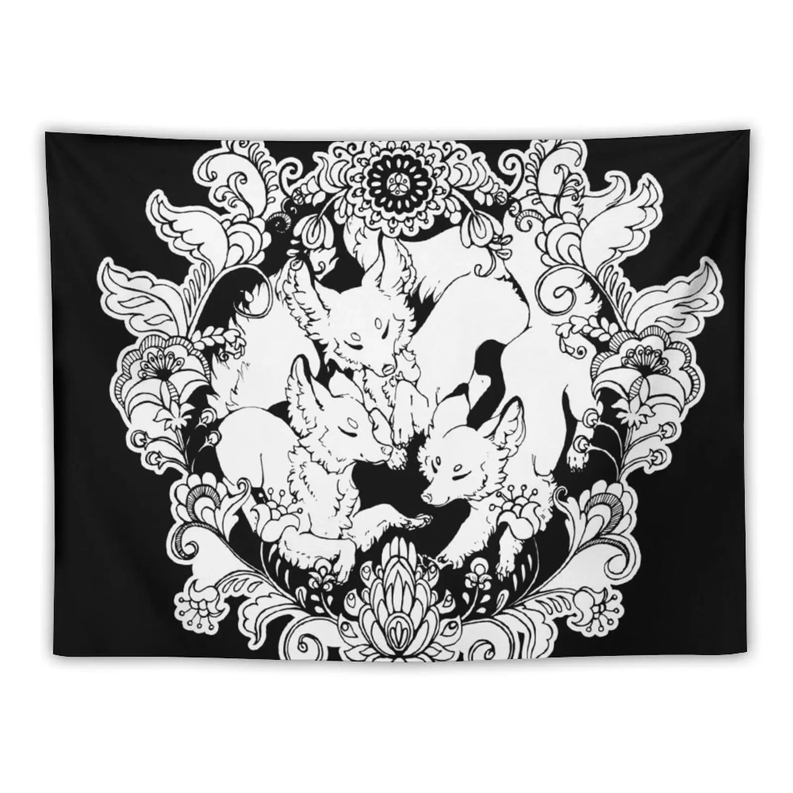 

Folk Foxes - Black and White Tapestry Aesthetic Home Decor Things To The Room Tapestry