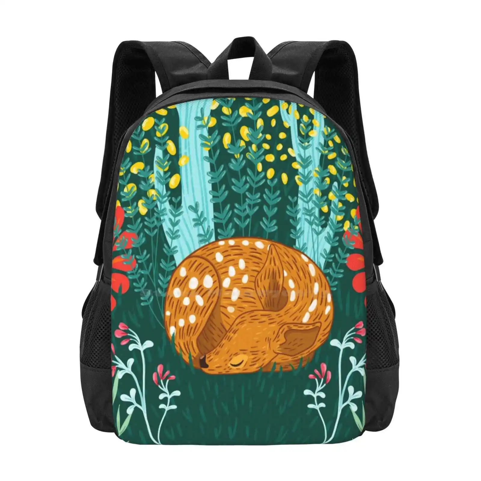 Sleeping Fawn Hot Sale Schoolbag Backpack Fashion Bags Deer Nature Fawn Trees Flowers Children Sleep Animals Colorful Bright