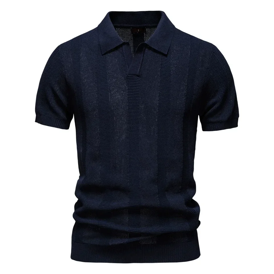 Summer New Fashionable Men's Striped Hollow Short Sleeve European and American Short Sleeve Sweater