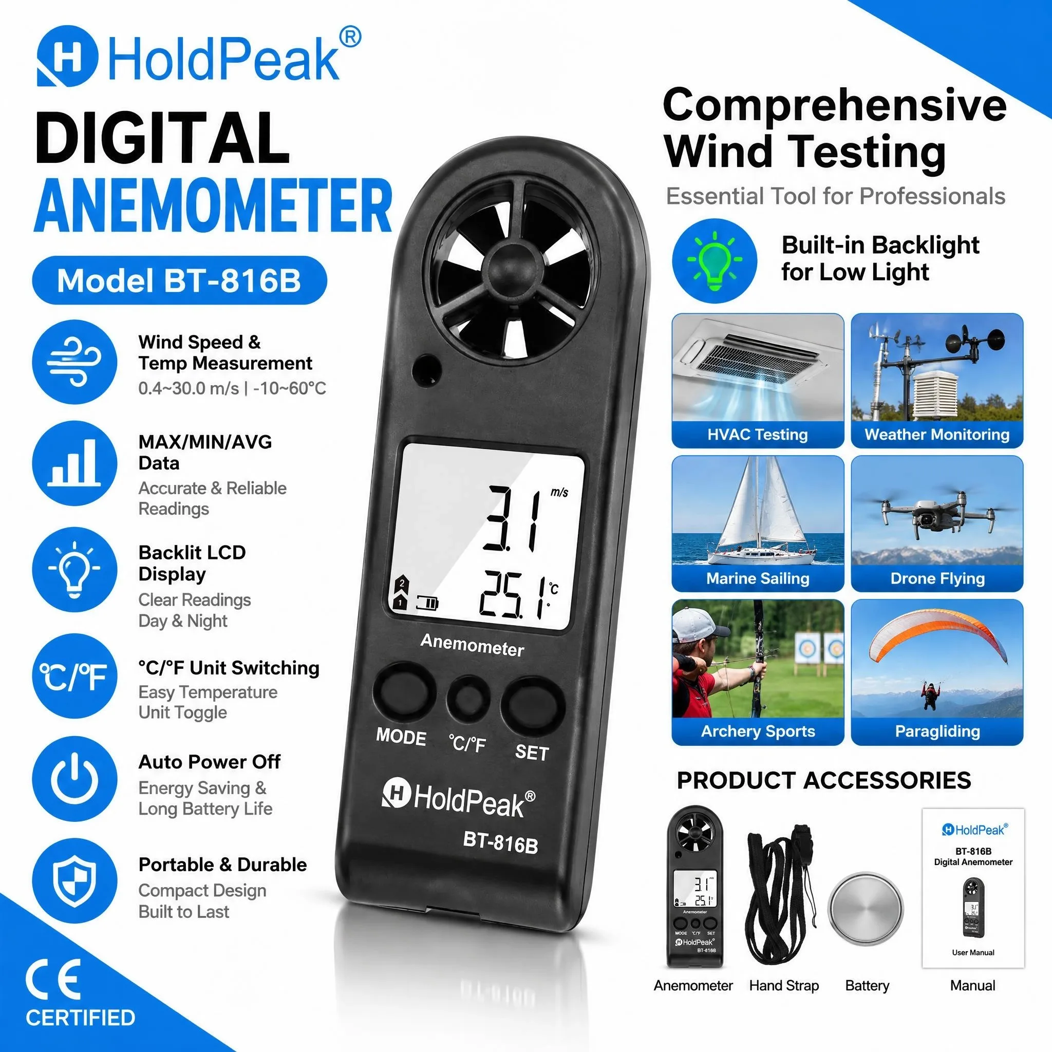 HoldPeak 816B Anemometer 7-Blade 0-30m/s 5 Units Current/Max/Avg Wind Chill LCD Backlight for HVAC Outdoor Drone