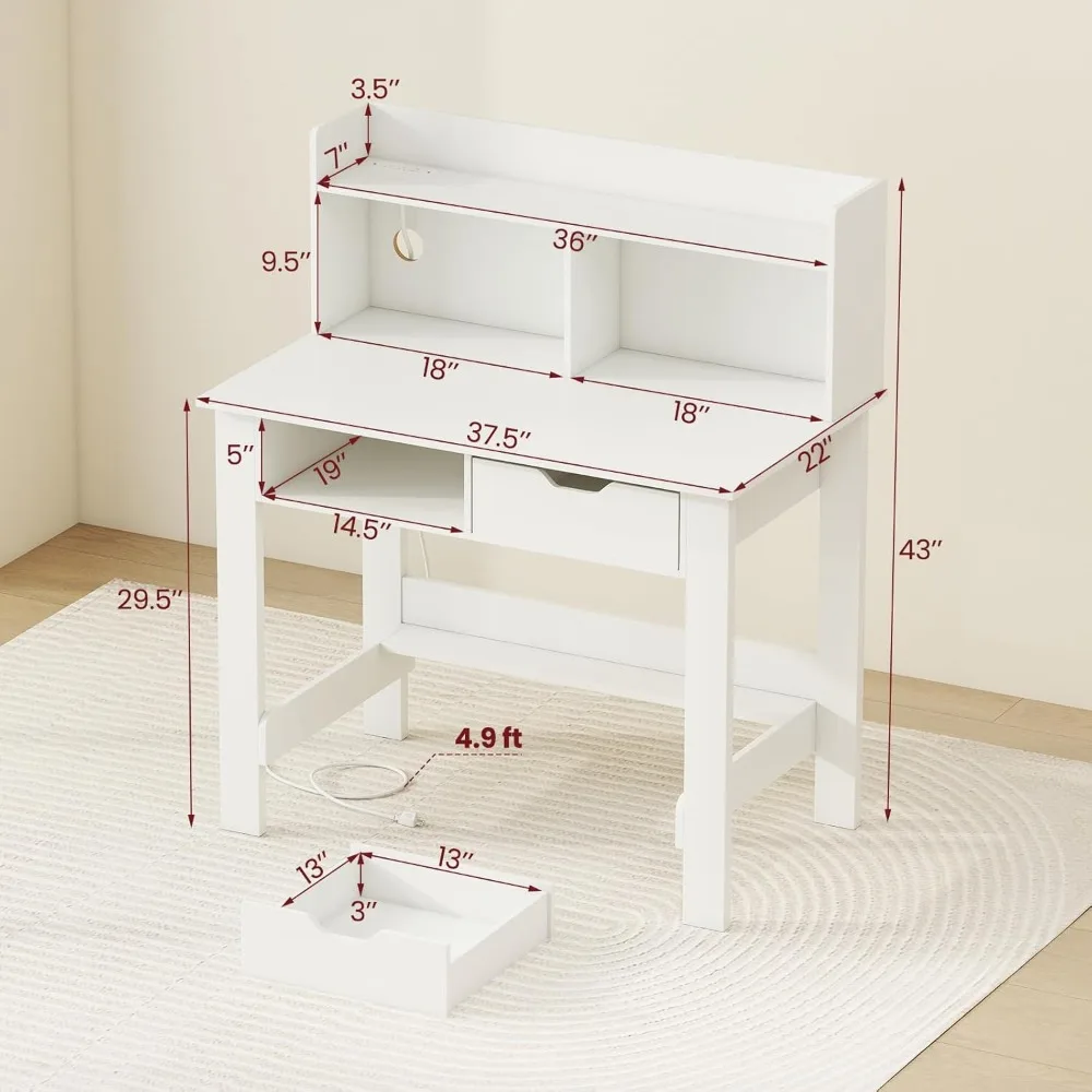 허치가 있는 Giantex 화이트 컴퓨터 책상, 전원 콘센트가 있는 홈 오피스 책상, USB 포트, 타입-C, 수납 선반 및 서랍, 모던 L