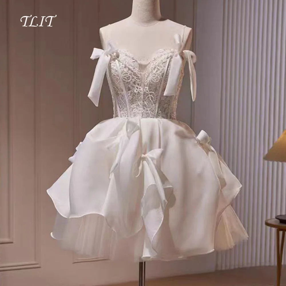 

TLIT Elegant Silk Satin A-Line Short Wedding Dresses Korea Wedding Dresses Photo Shoot Lace Bow Pleats Bridal Gown Customized