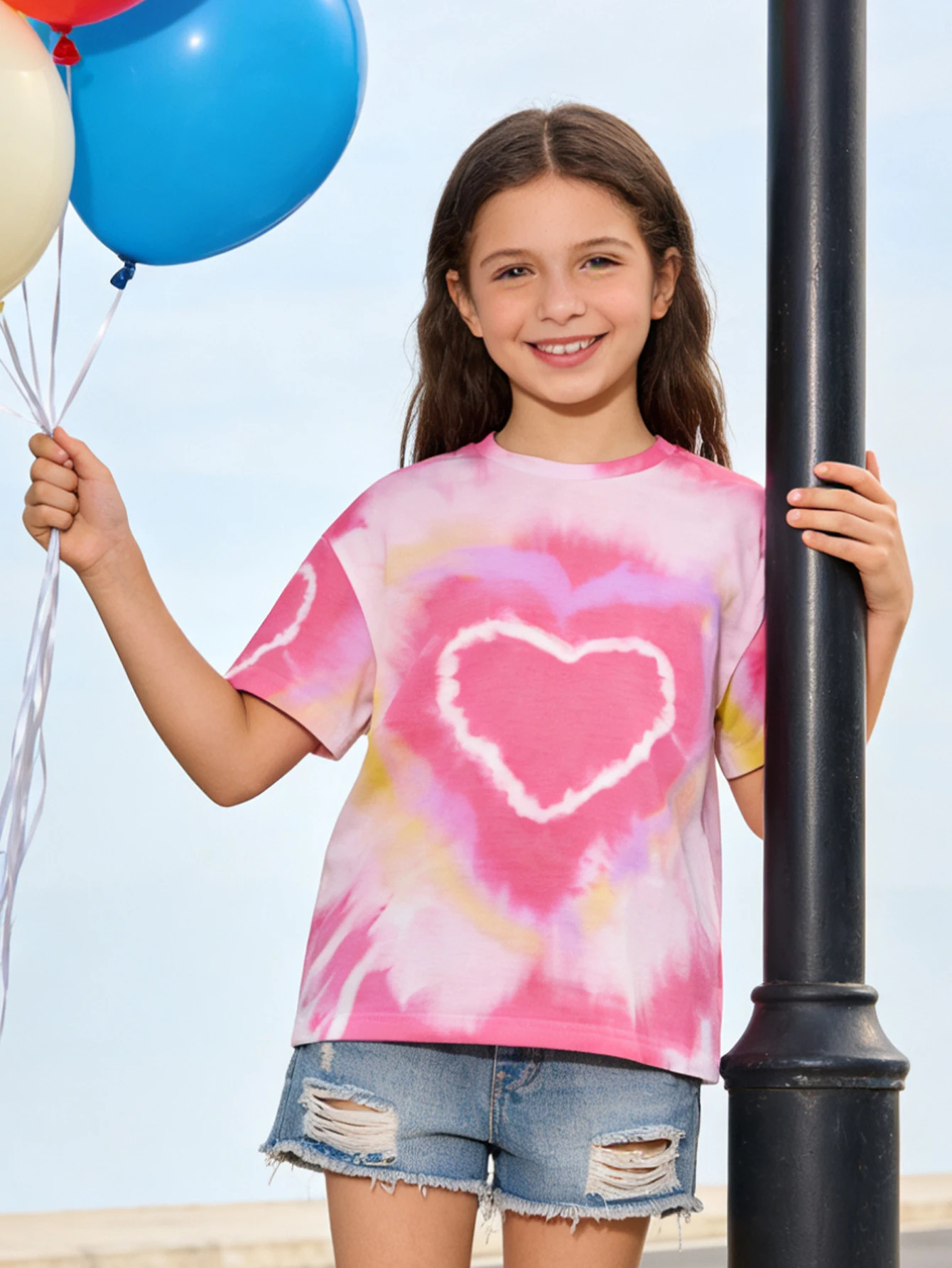 2026 Girls Tie-Dye Love Print Short Sleeve T-Shirt Loose Summer Casual Fashion Top