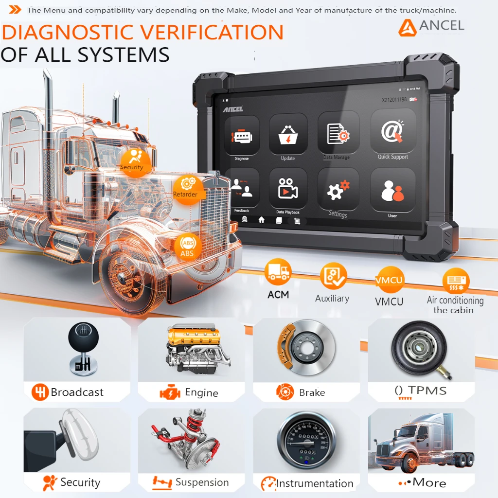 2025 Diesel Heavy Duty Truck Scanner 24V 12V Ancel X7 HD ECU Coding All System Oil Reset Bi-directional Control Diagnostic Tools
