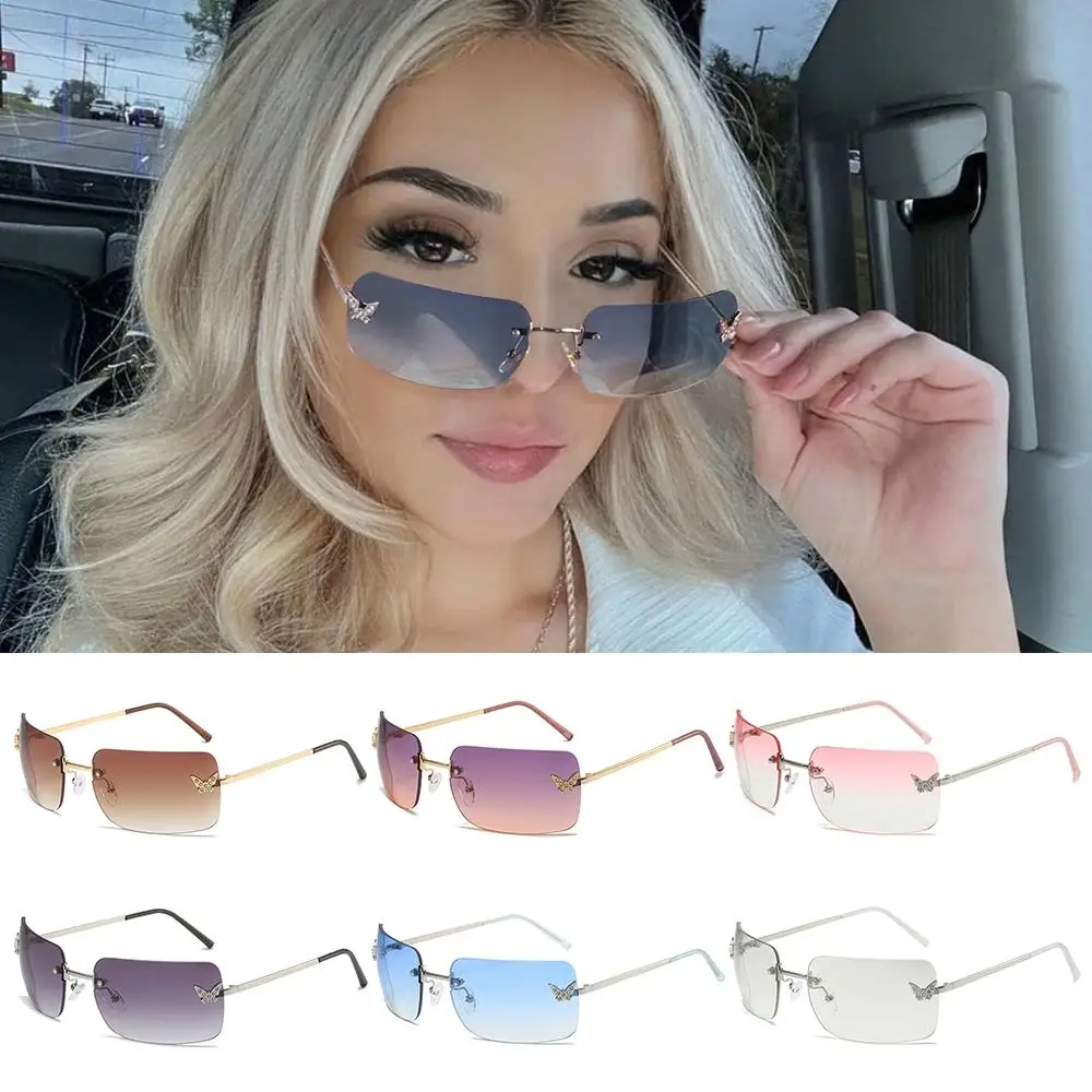 

Trendy Eyewear Rimless Vintage Rectangle Sun Glasses Y2K Sunglasses for Women Rhinestone Butterfly Sunglasses