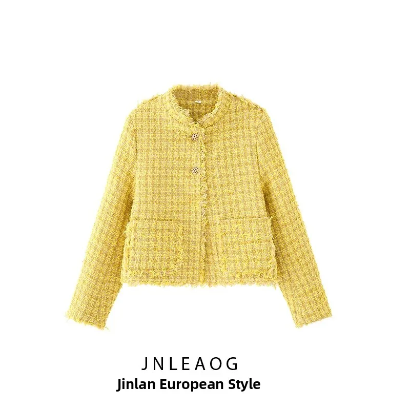 

JNLEAOG Autumn New Women's Faion Design Yellow Small Fraance Sle Jaet Loose Polyester Long Sve Regular Length Butt...