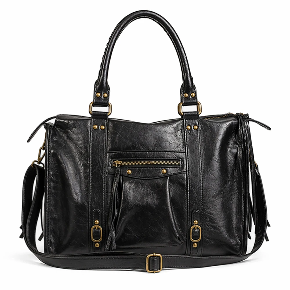 SHELKSBAG Vintage Distressed PU Leather Motorcycle Handbag Large Capacity Tote Bag Rivet Fringe Multi Shoulder Crossbody Bag
