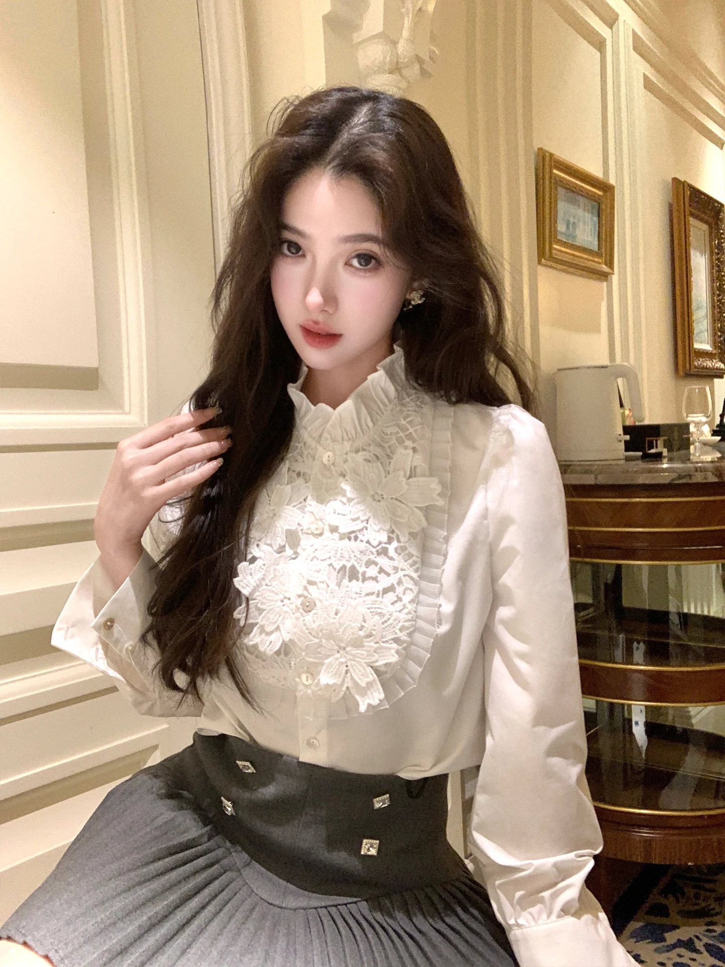 

Acaine Hollow out Emed Floral irt Women's Slim Fit Long Sve Breathable Skin-Friendly Winter Inner Wear Top