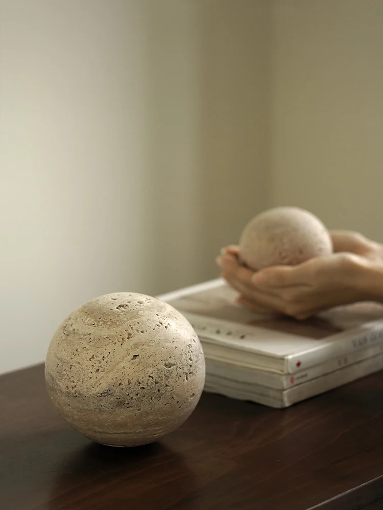 Natural Marble Stone Ball Decor for Table and Shelf Vintage Travertine Sphere Sculpture for Home Decoration