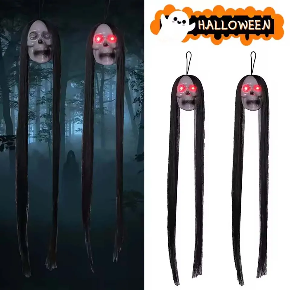 1/5pc Halloween Hanging Long Hair Ghost Skeleton Pendant LED Light-emitting Horror Bar Haunted House Decoration Party Supplies ﻿