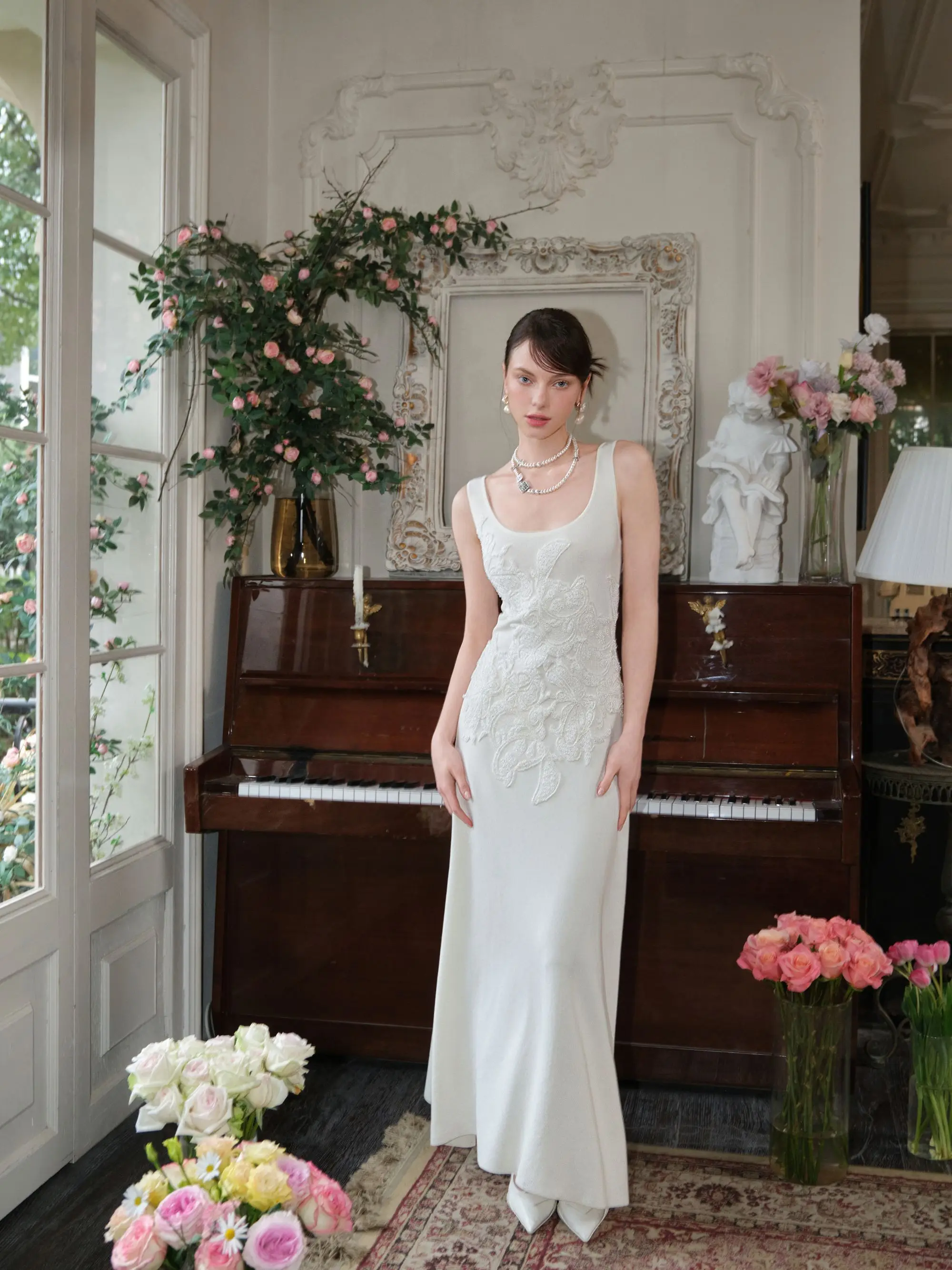 

Элегантное трикотажное платье с вышивкой и кружевными вставками, приталенное, с цветочным принтом, для женщин, повседневная одежда