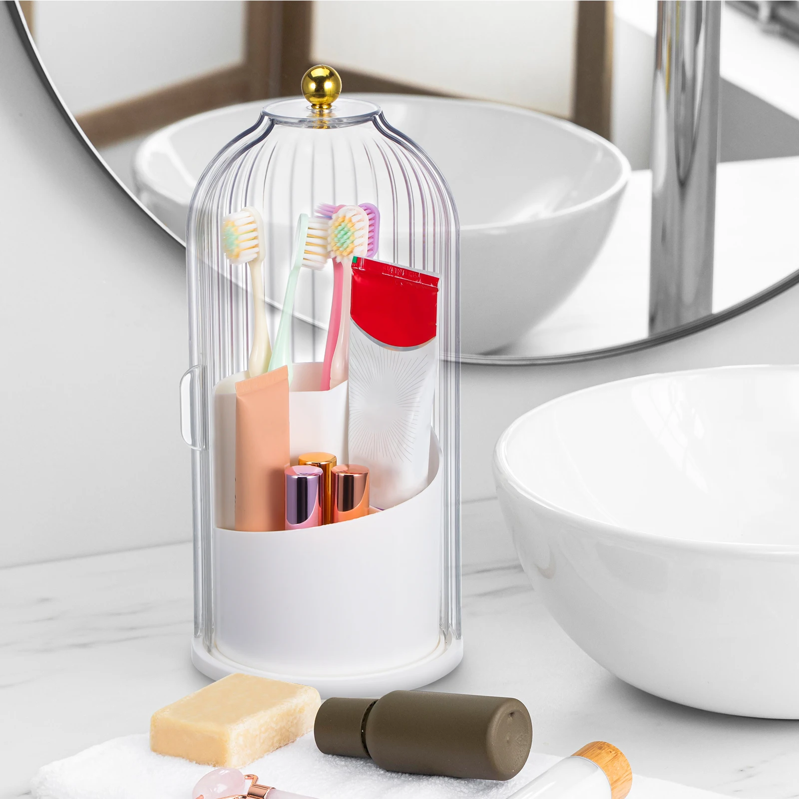 

White Rotating Makeup Brush Organizer with Lid Ample Storage Desktop Holder for Beauty Tools and Cosmetics Countertop Vanity