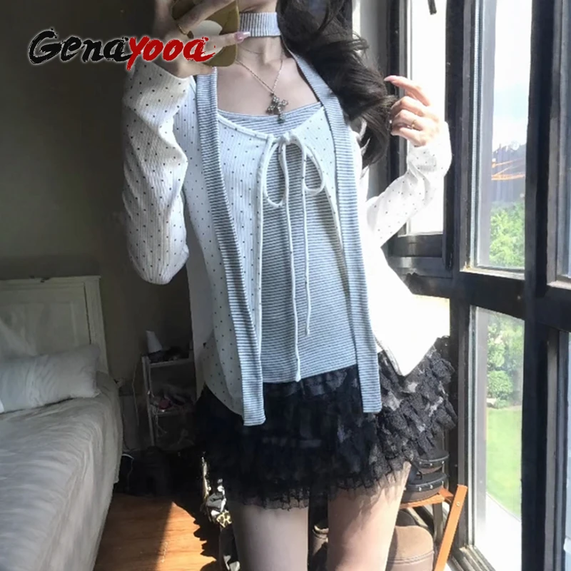 Genayooa Aesthetic 2000s T-shirt Women Long Sleeve Dot Fake Two Pieces Tops Y2k Japanese Vintage Tops Tee With Skinny Silk Scarf