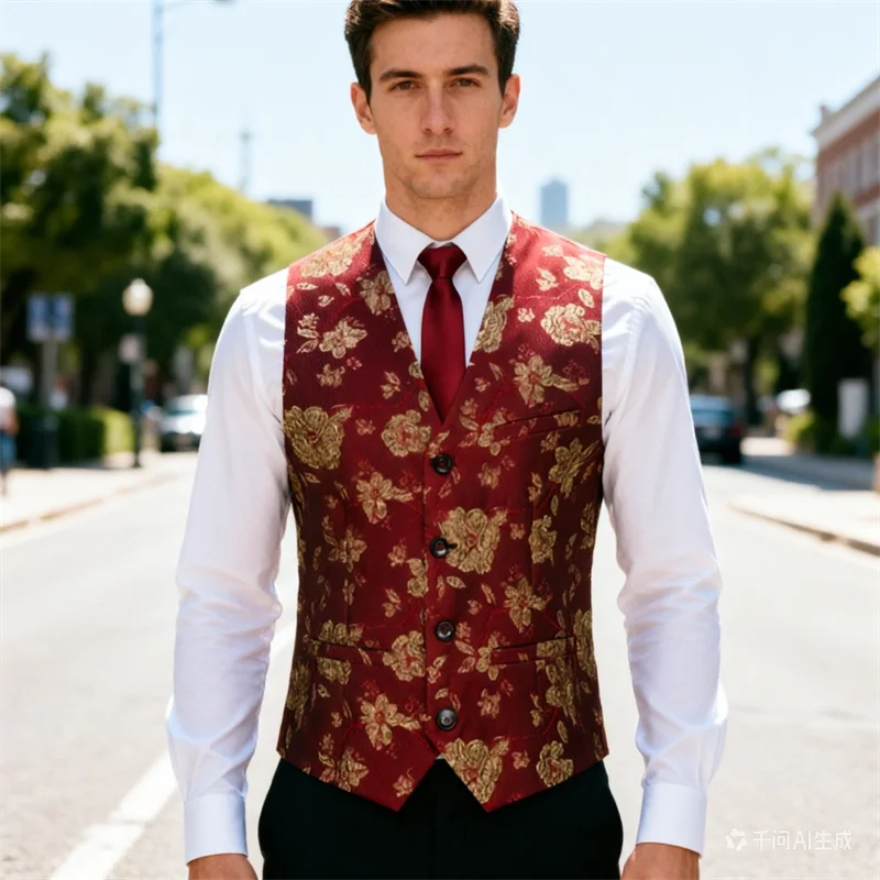 

Мужской золотисто-красный жилет, однобортный жилет без рукавов с V-образным вырезом, европейский размер, для свадьбы и вечеринок, XXXS-XXL