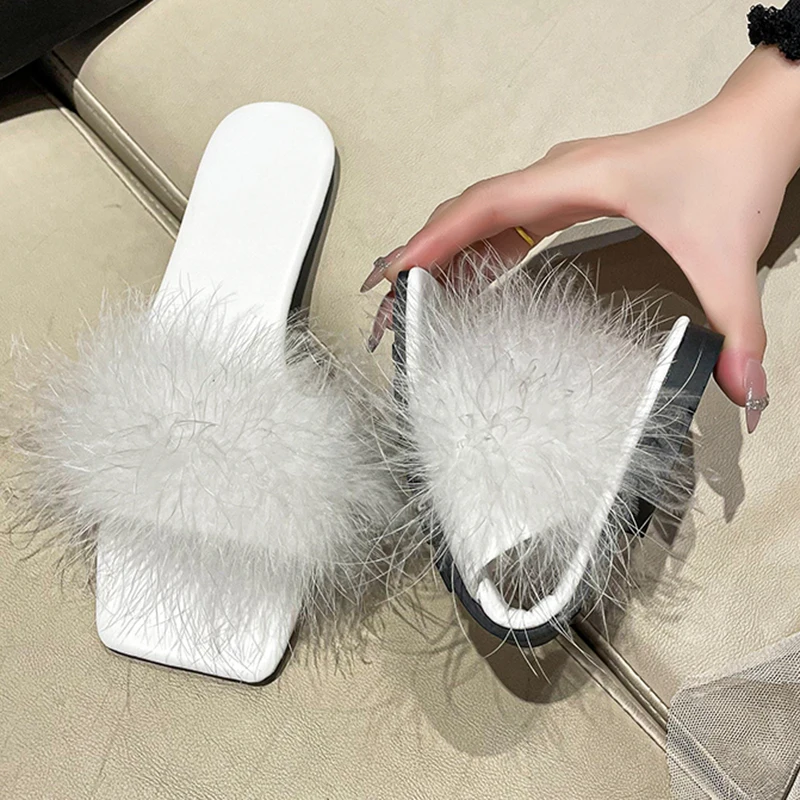 Lucyever Blue Summer Flat Fur Slipper Women 2023 Soft Bottom Non Slip Slides Shoes Woman Fashion Square Toe Fluffy Slippers