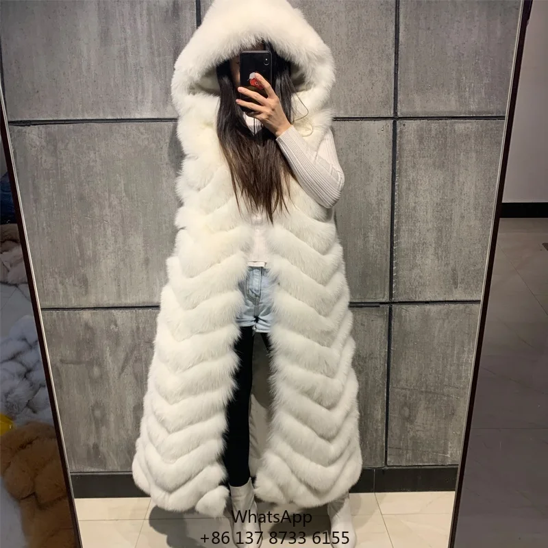 

Зимний теплый толстый женский жилет с капюшоном и длинным мехом, высококачественный жилет из лисьего меха